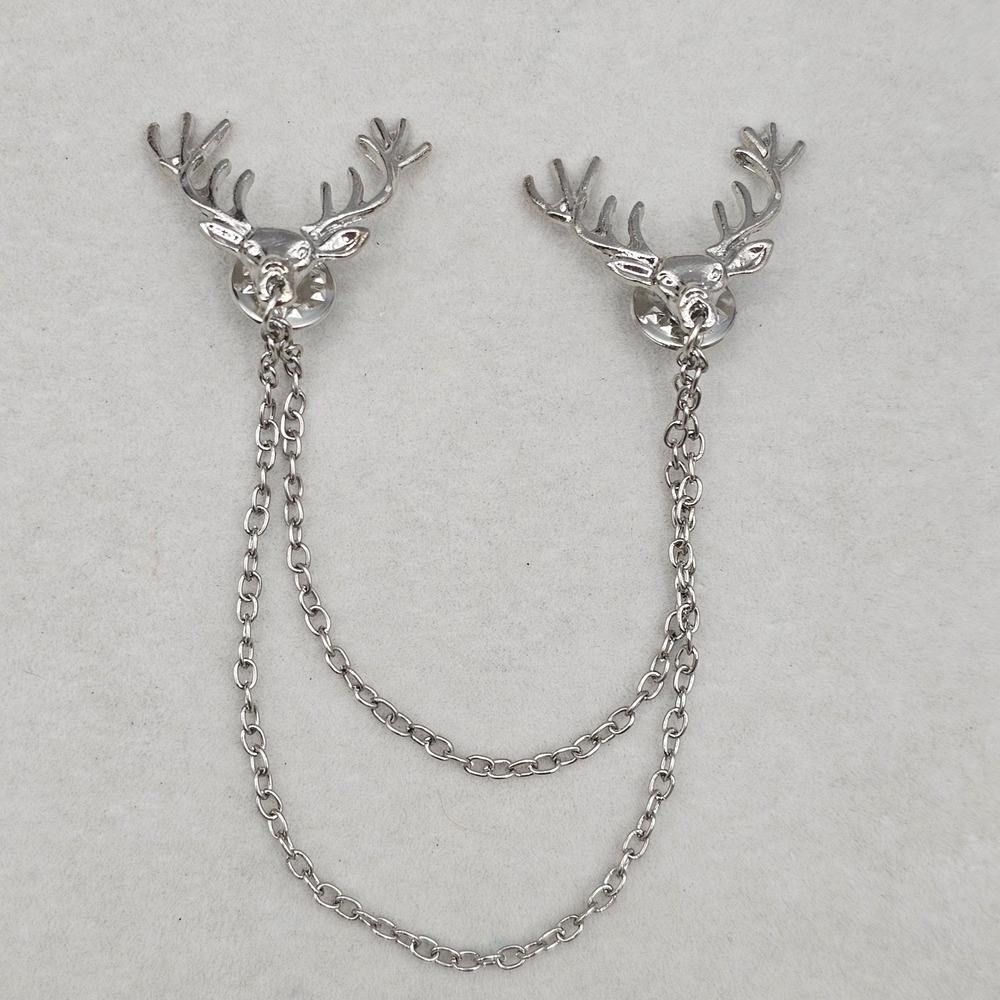 Deer Stag Head Collar Clips Double Chain Silver Tone Woodland Forest Elk